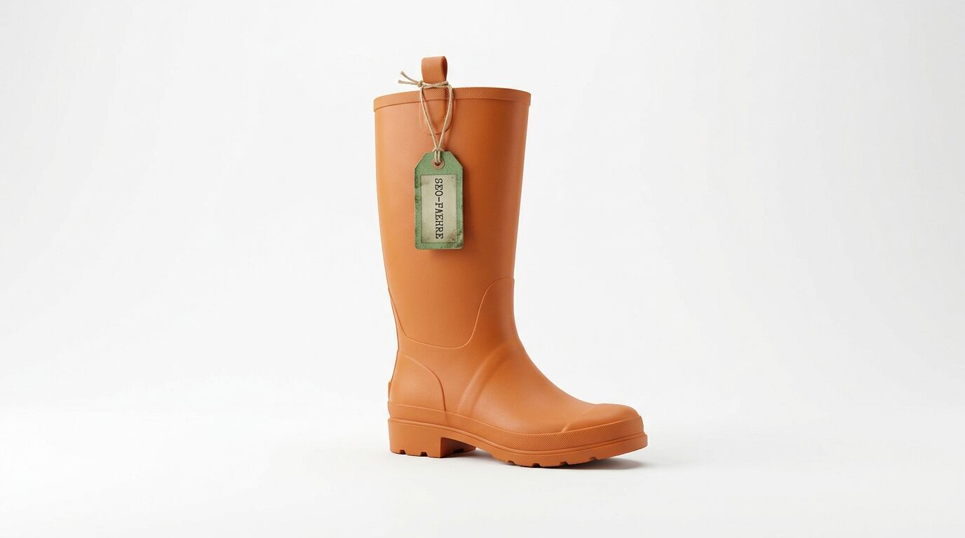 Ein oranger Gummistiefel mit grünem Etikett steht auf weißem Grund