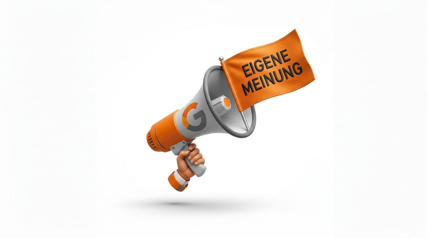 Eine Hand hält ein Megafon mit einer orangefarbenen Fahne, auf der „EIGENE MEINUNG“ steht