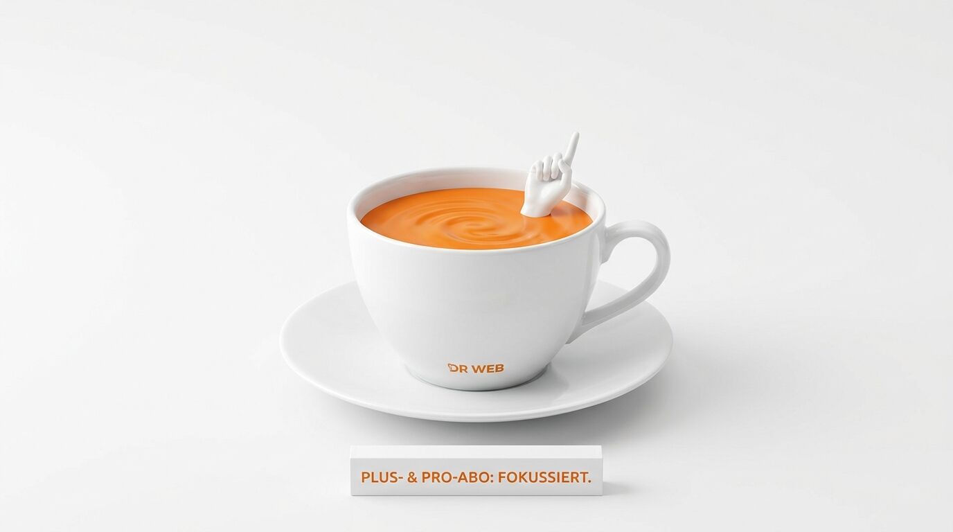 Logo-Tasse mit oranger Flüssigkeit und Handgeste, davor ein Textquader