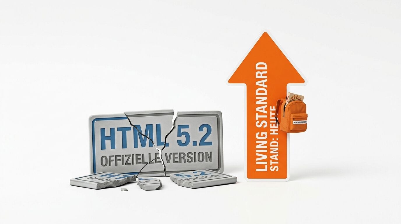 Zerbrochenes HTML 5.2-Schild und ein aufwärts gerichteter oranger Pfeil für Living Standard