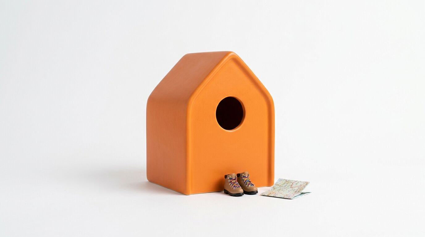 Orange Keramikhaus vor weißem Grund mit Miniatur-Wanderschuhen und gefalteter Karte