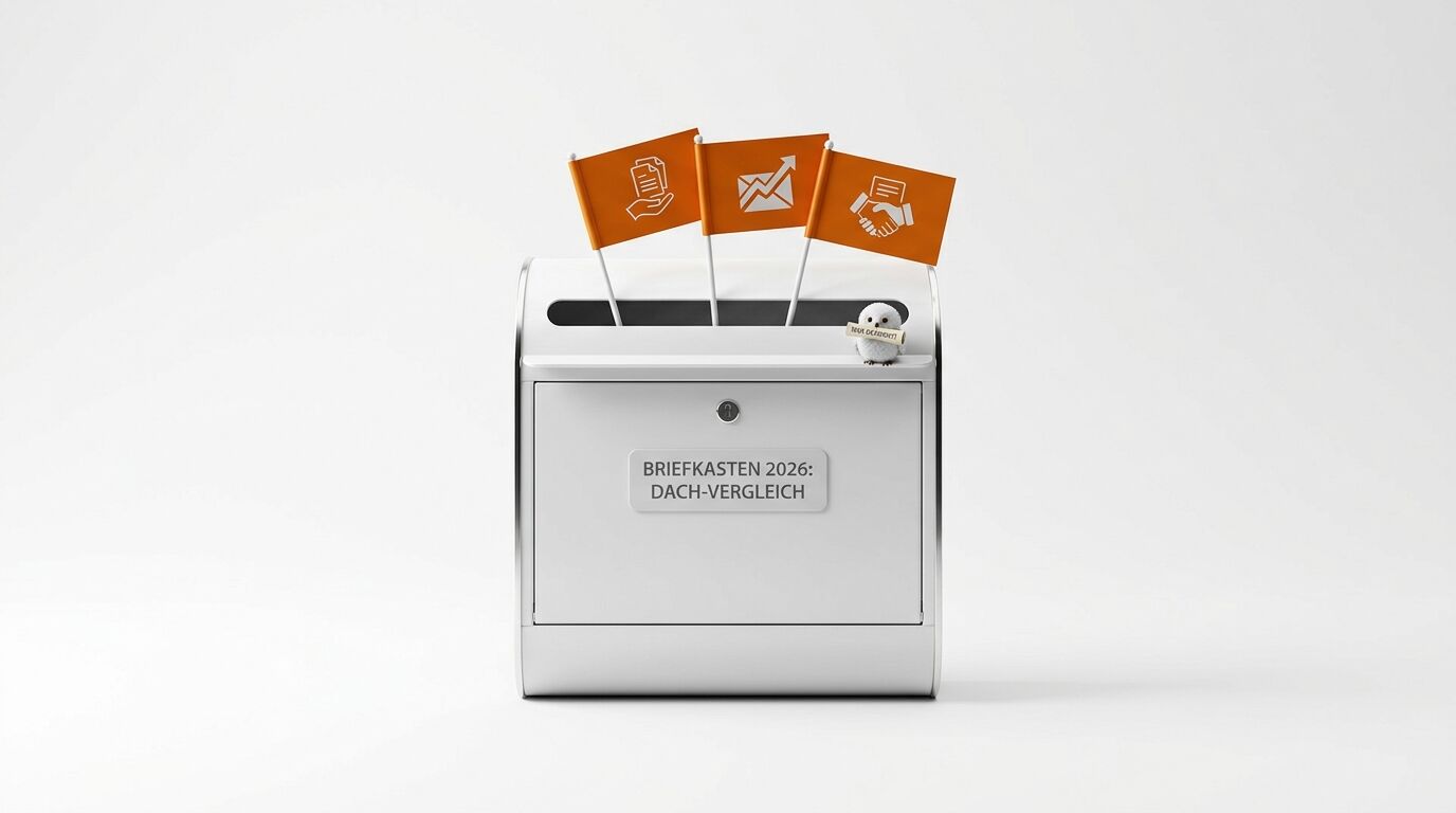 Weißer Briefkasten mit drei orangefarbenen Fähnchen und Eulenfigur vor weißem Hintergrund