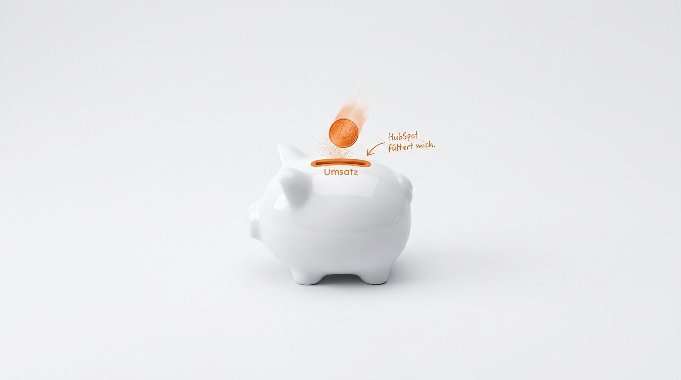 Sparschwein mit Euro-Münze und Text „Umsatz“ und „HubSpot füttert mich.“ vor weißem Hintergrund