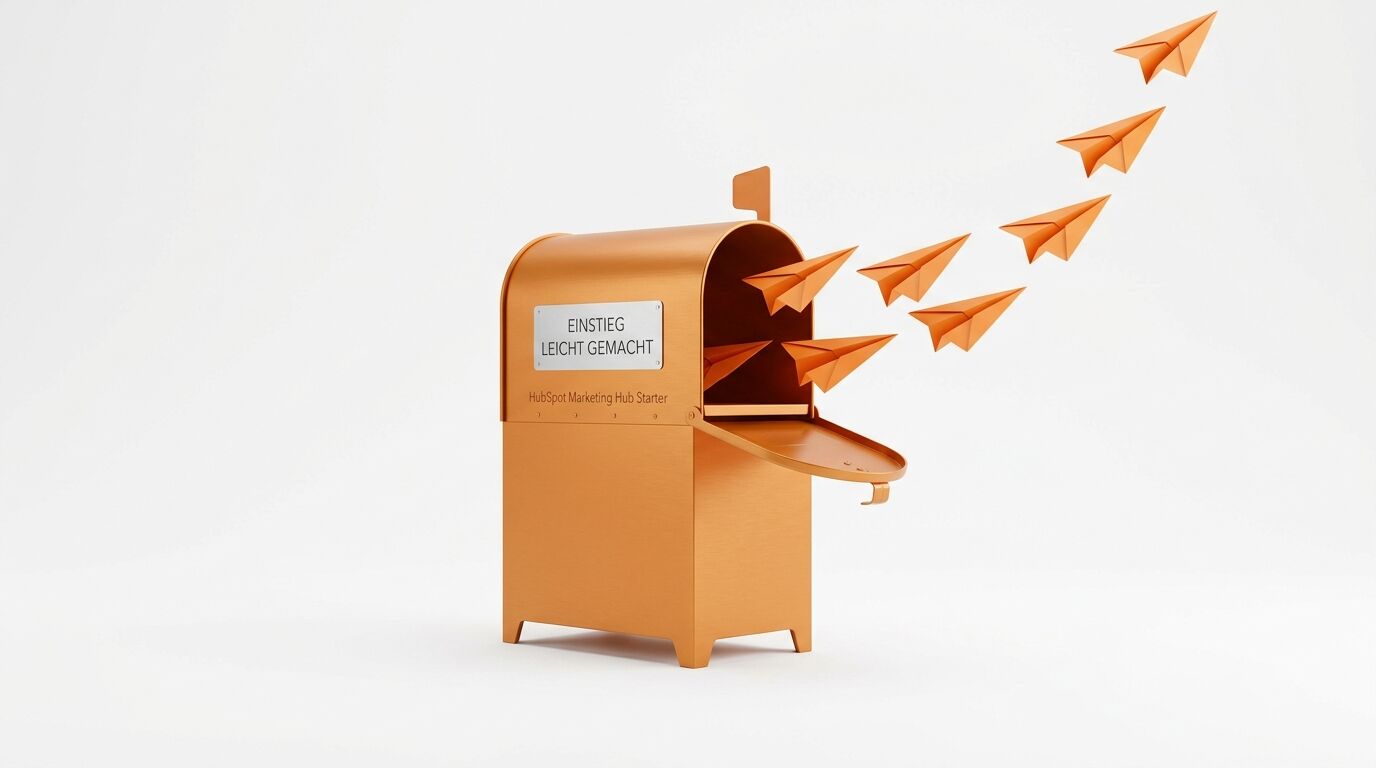 Oranger Briefkasten, Papierflieger fliegen raus, Text: EINSTIEG LEICHT GEMACHT HubSpot