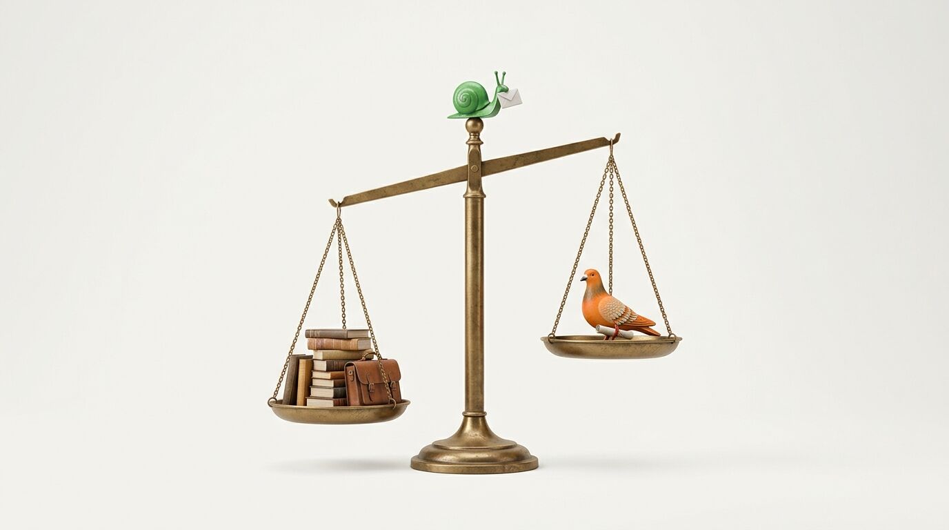 Eine Waage, eine Schnecke mit Brief, Bücher, Tasche und eine Taube mit Rolle vor hellem Hintergrund