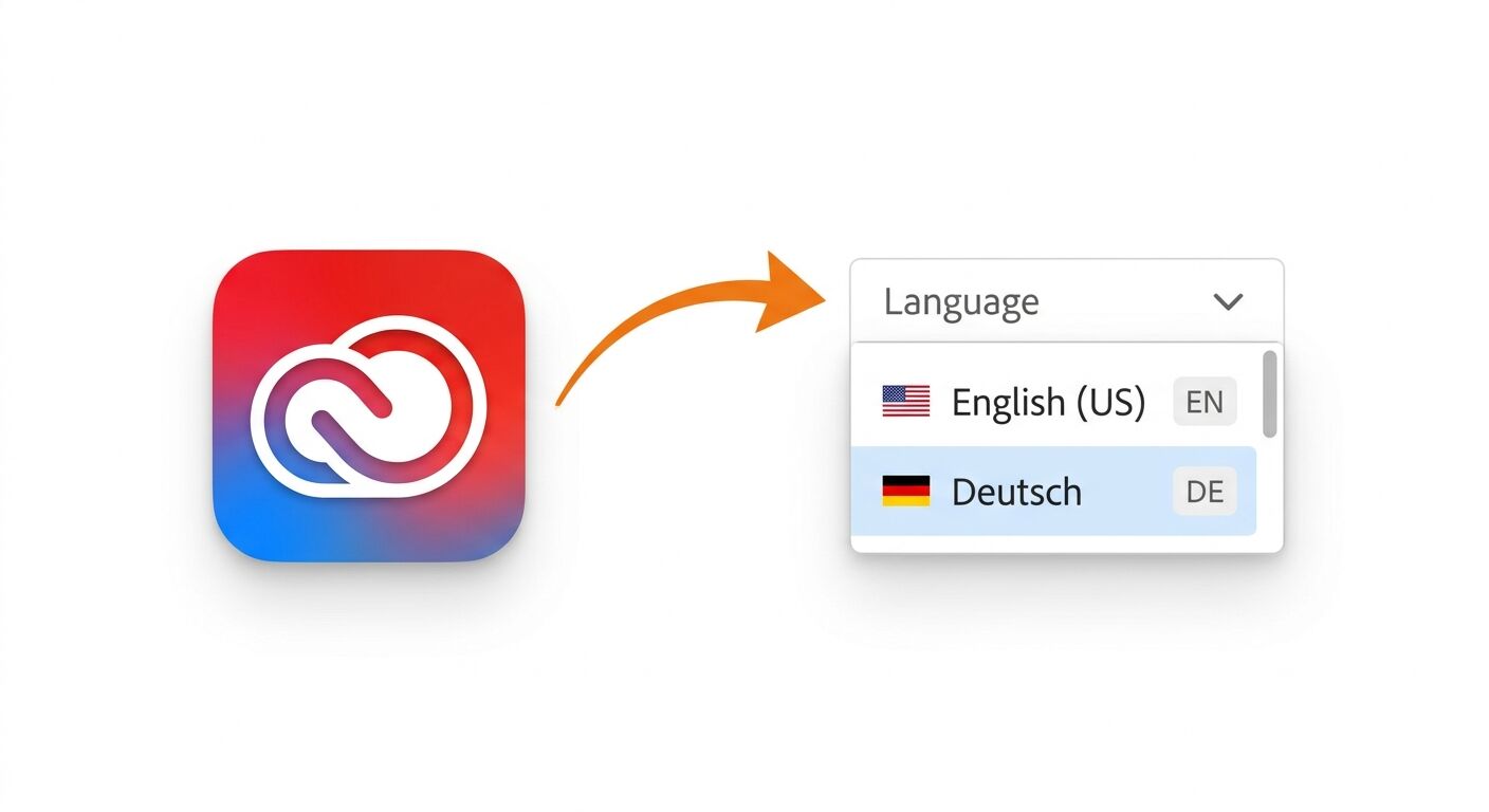Adobe Creative Cloud-Icon, orangefarbener Pfeil, Sprachmenü mit Deutsch ausgewählt
