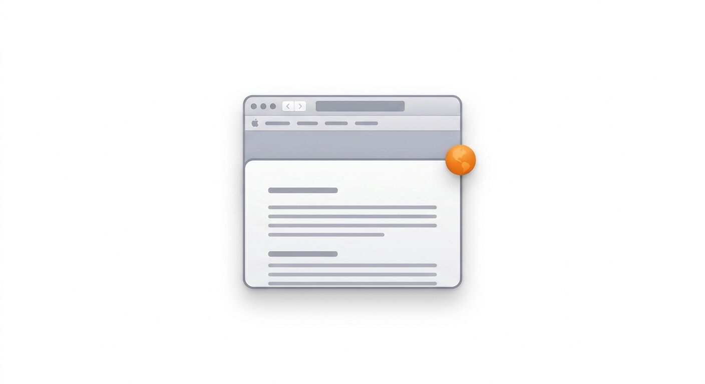 Minimalistisches Webbrowser-Fenster mit Textzeilen und oranger Erd-Kugel rechts oben