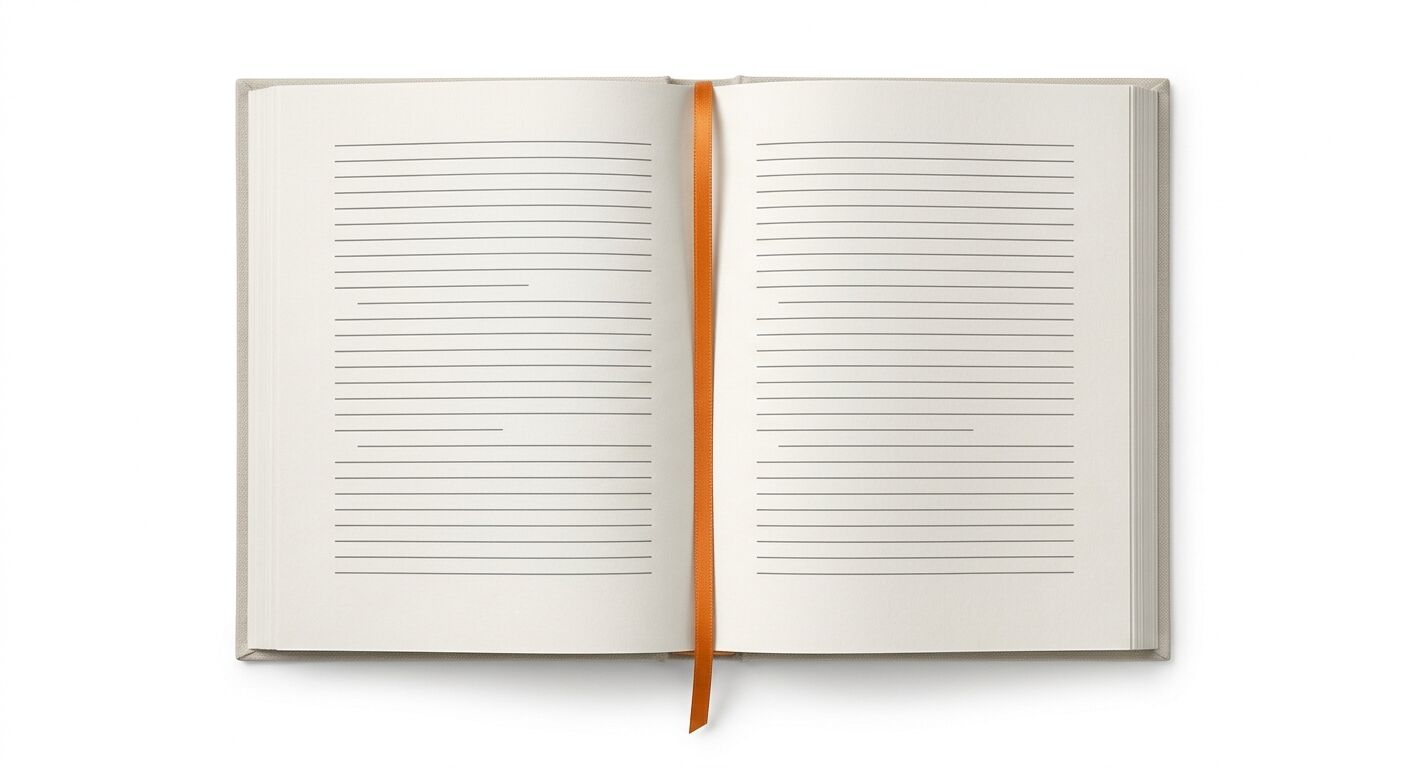 Aufgeschlagenes Notizbuch mit linierter Innenseite und orangefarbenem Lesezeichenband
