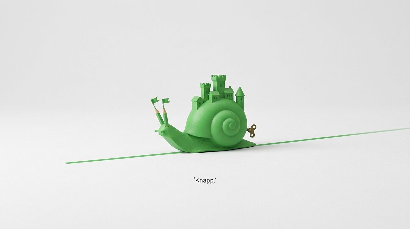 Grüne Schneckenfigur mit Burggehäuse, Stiftfühlern, Aufzugschlüssel und Text 'Knapp.'