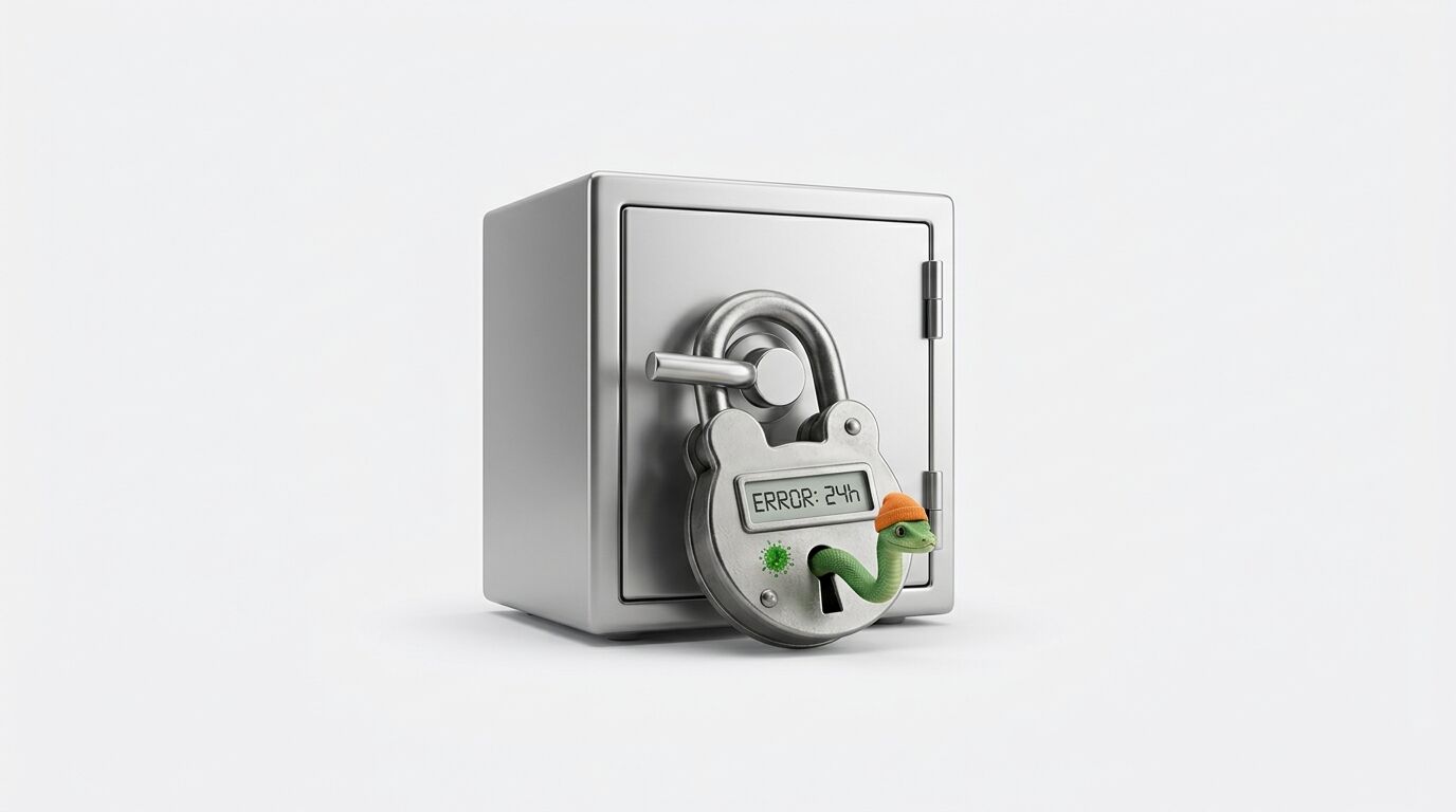 Safe mit Vorhängeschloss, aus dem eine Schlange mit Mütze schaut, Anzeige „ERROR: 24h“