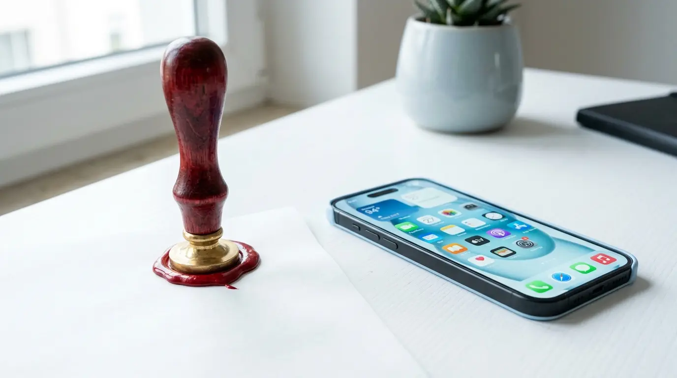 Wachssiegelstempel auf Papier und modernes Smartphone auf einem Schreibtisch