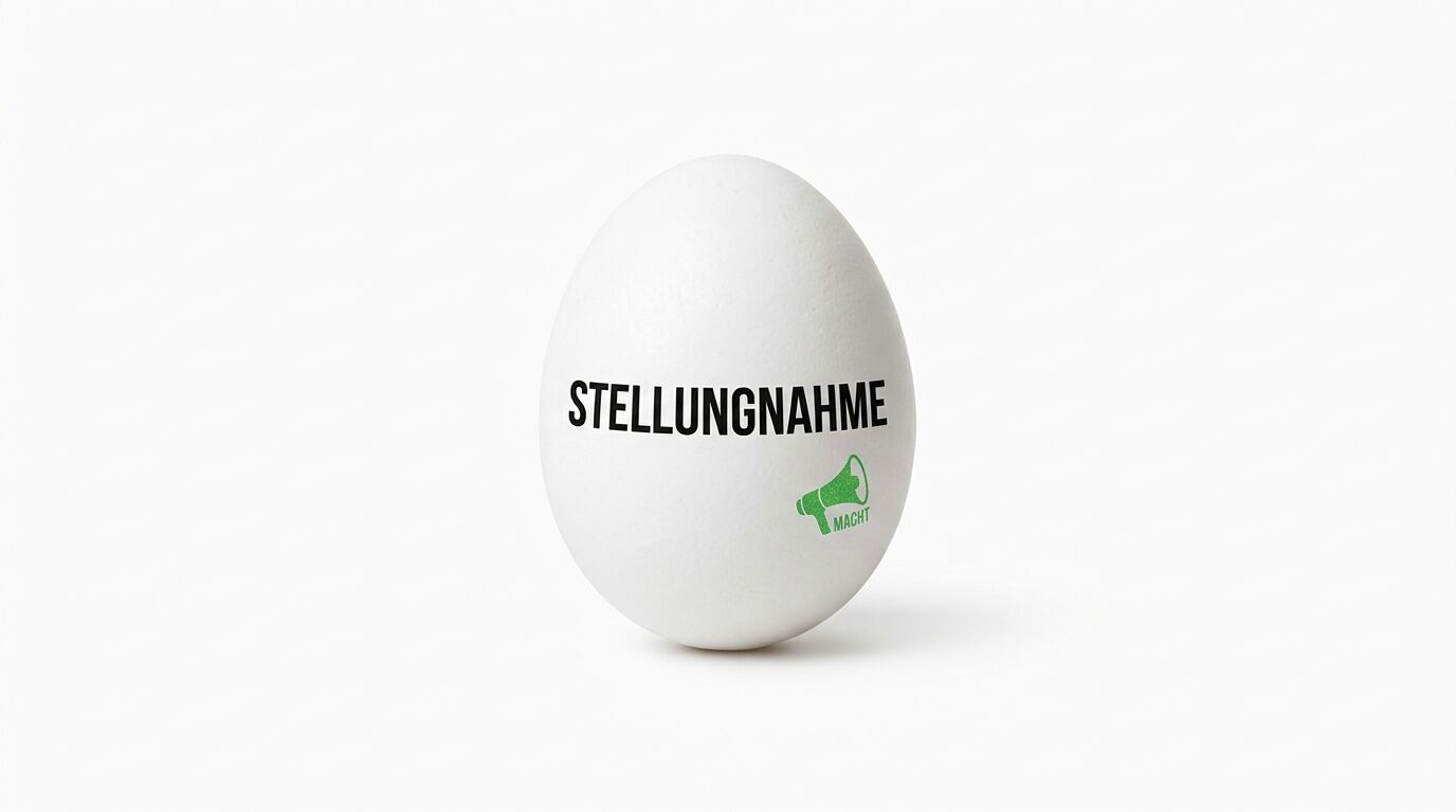 Ei vor weißem Grund mit schwarzem Text „STELLUNGNAHME“ und grünem Megafon-Logo mit Text „MACHT“