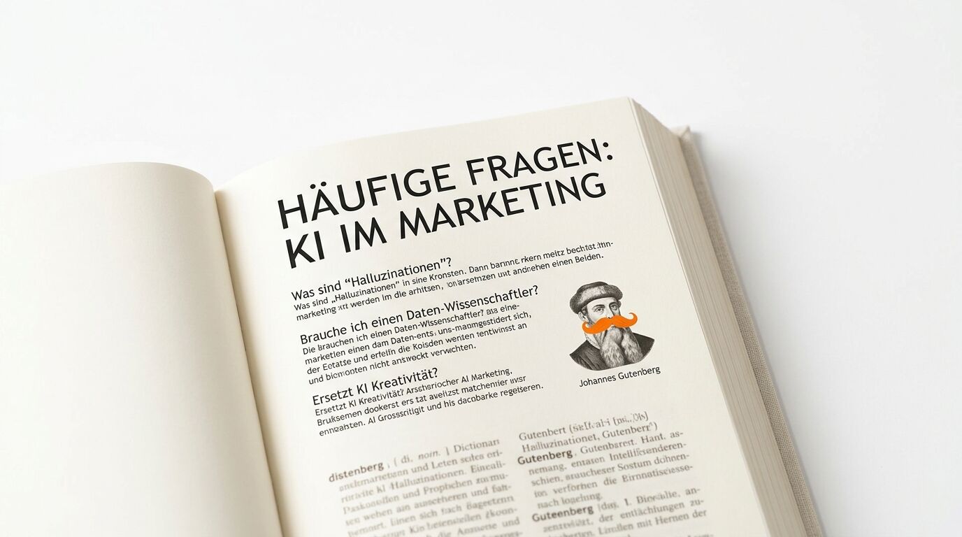 Buchseite mit Fragen zu KI im Marketing, einem Gutenberg-Porträt und fehlerhaftem Text