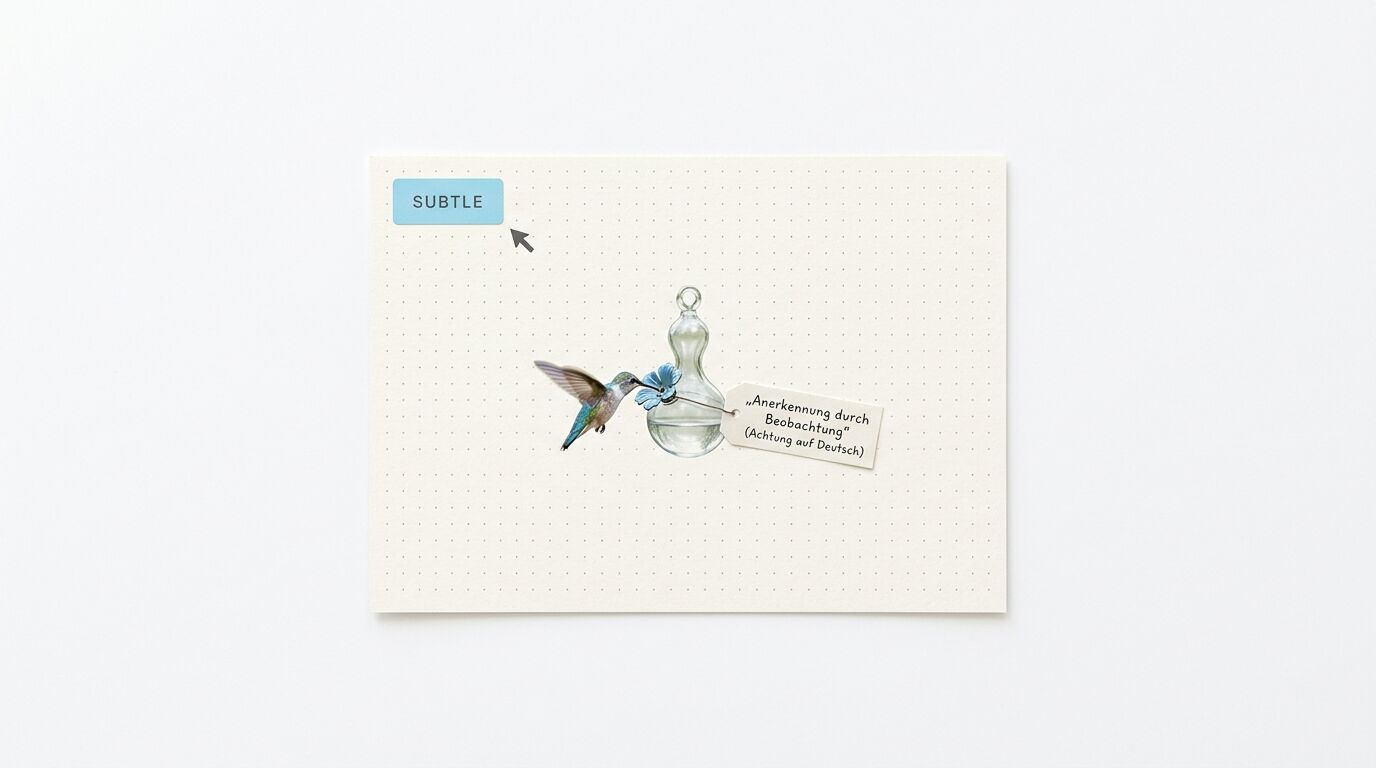Punktiertes Papier mit Kolibri, Flakon und Etikett, links ein blauer