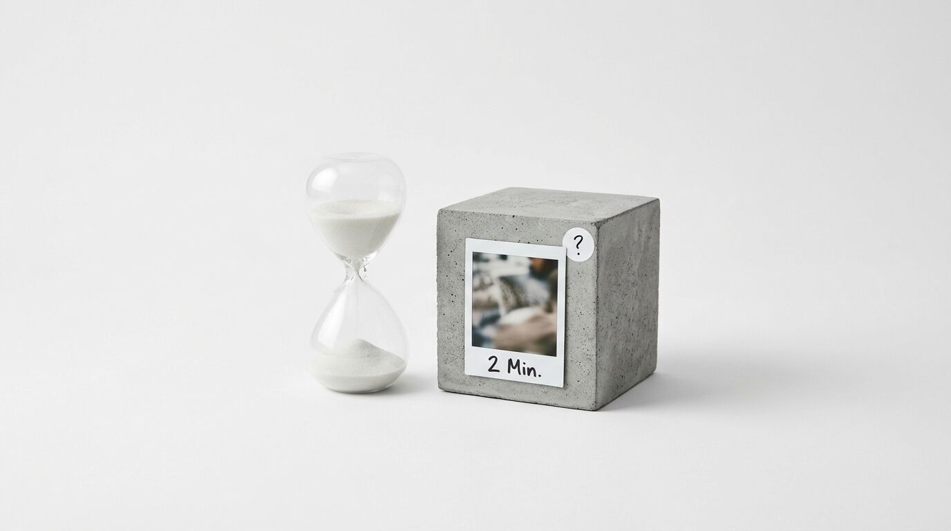 Eine Sanduhr neben einem Betonwürfel mit einem Polarisbild, Text und Fragezeichen