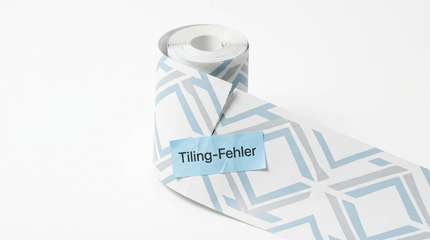 Eine Tapetenrolle mit blau-grauem Muster und einem blauen Klebezettel mit der Aufschrift „Tiling-Fehler“
