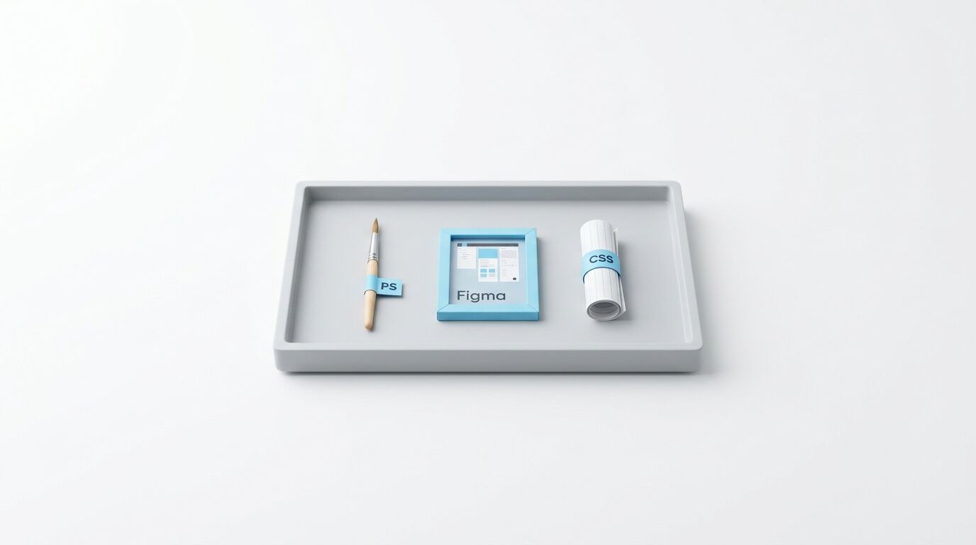Graue Schale mit Pinsel, gerahmtem UI-Mockup (Figma) und Papierrolle (CSS)