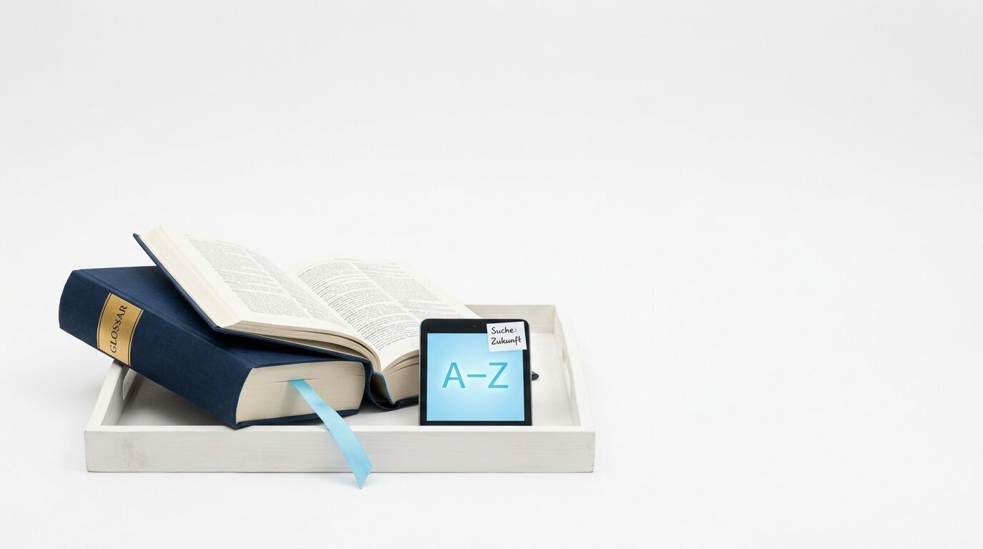 Ein offenes Glossar, ein Tablet mit „A-Z“, „Suche: Zukunft“, ein Buch, alles auf Tablett