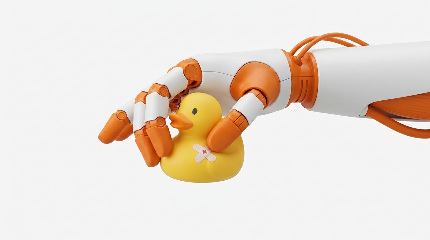 Orange-weiße Roboterhand hält eine gelbe Gummiente mit Pflaster vor weißem Hintergrund