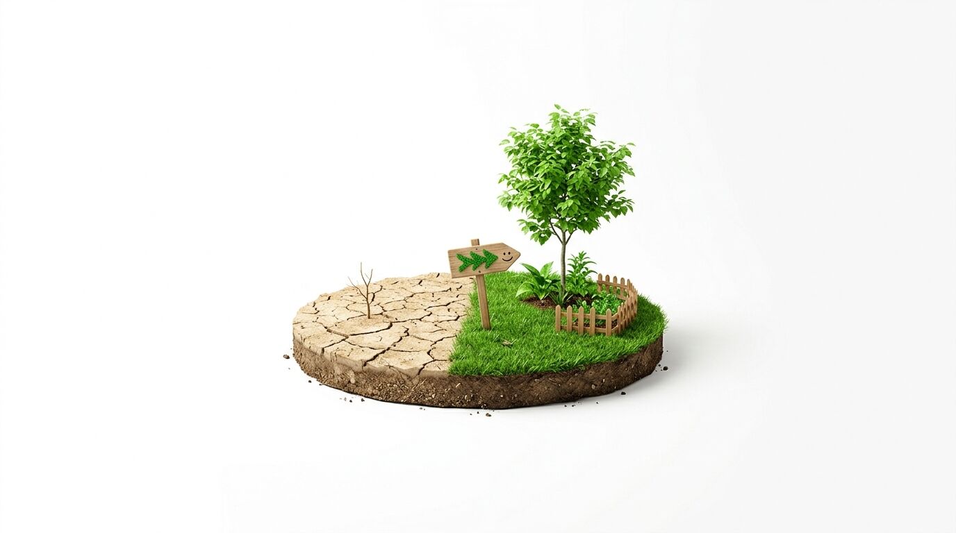 Zweigeteiltes Erdmodell: links trockene Rissbildung, rechts grünes Gras mit Baum, Pfeil und Zaun