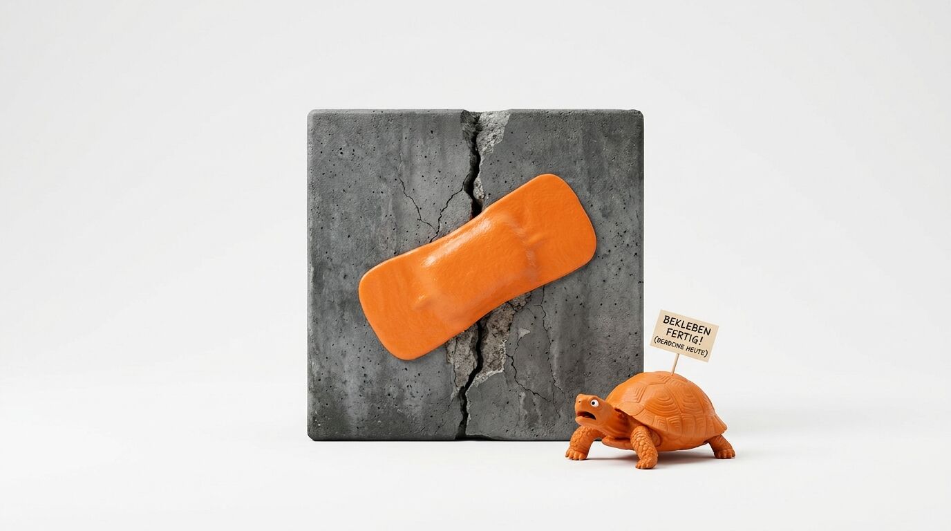 Betonblock mit Riss, orangefarbenes Pflaster und orangefarbene Schildkröte mit einem Schild