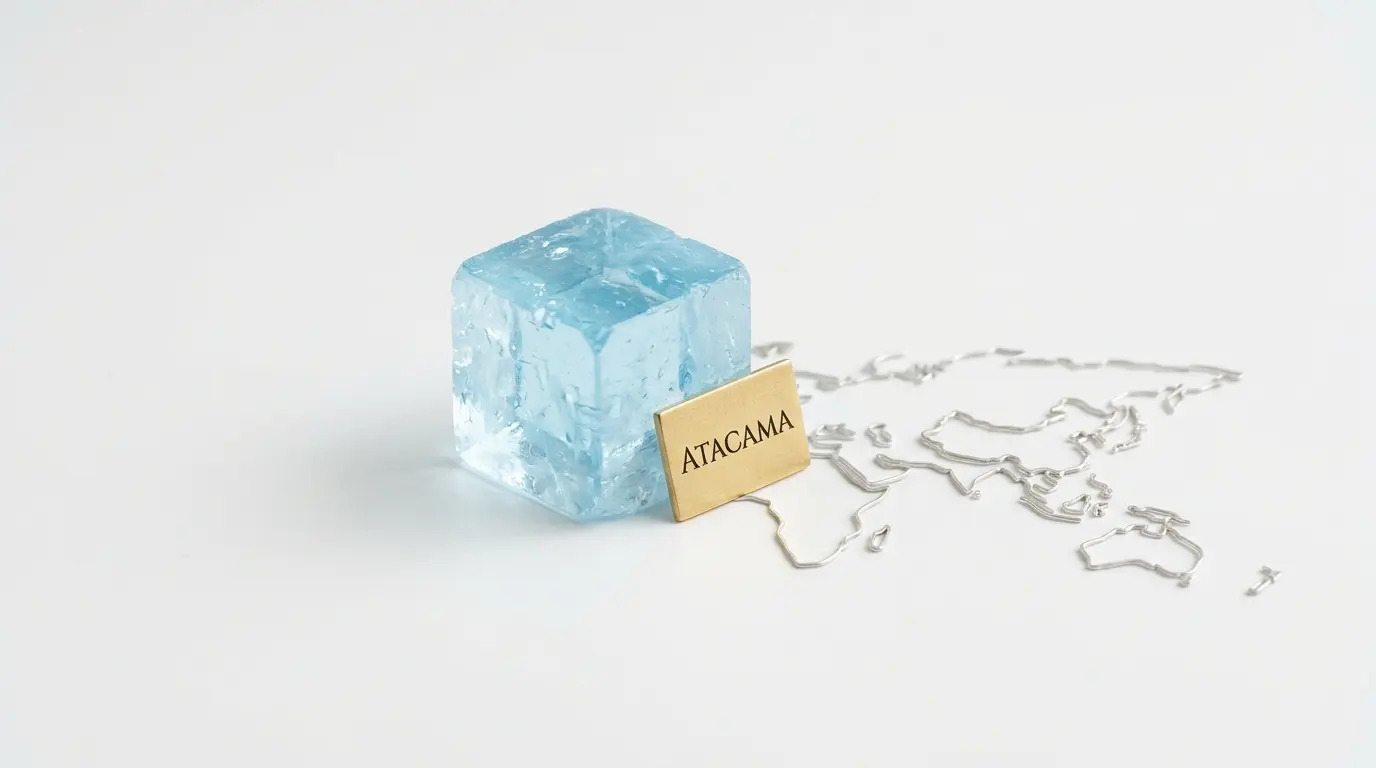 Blauer Salzwürfel und goldene Plakette mit Aufschrift ATACAMA auf silbernem Weltkartenumriss