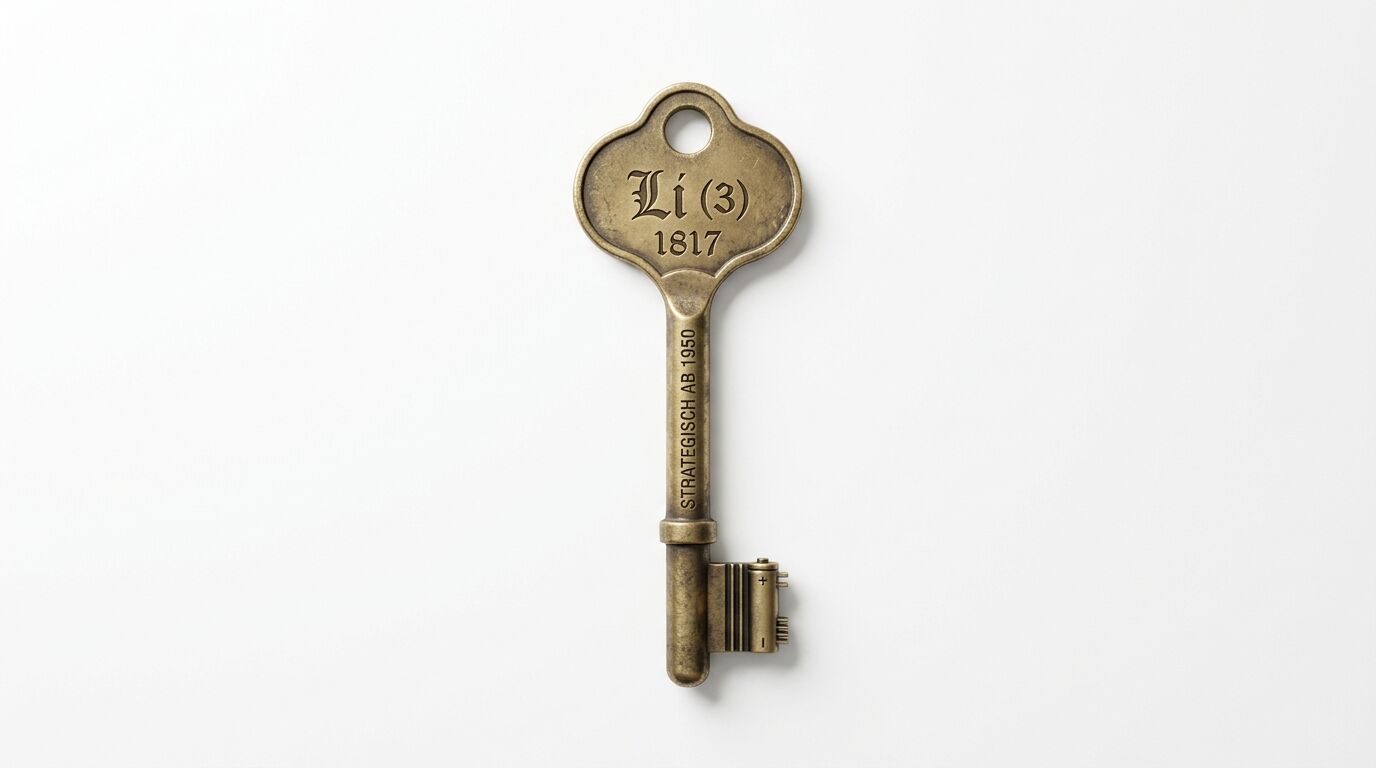 Antik aussehender Schlüssel mit eingraviertem Lithium-Symbol, Jahreszahl 1817, deutschem Text und Batterieelement
