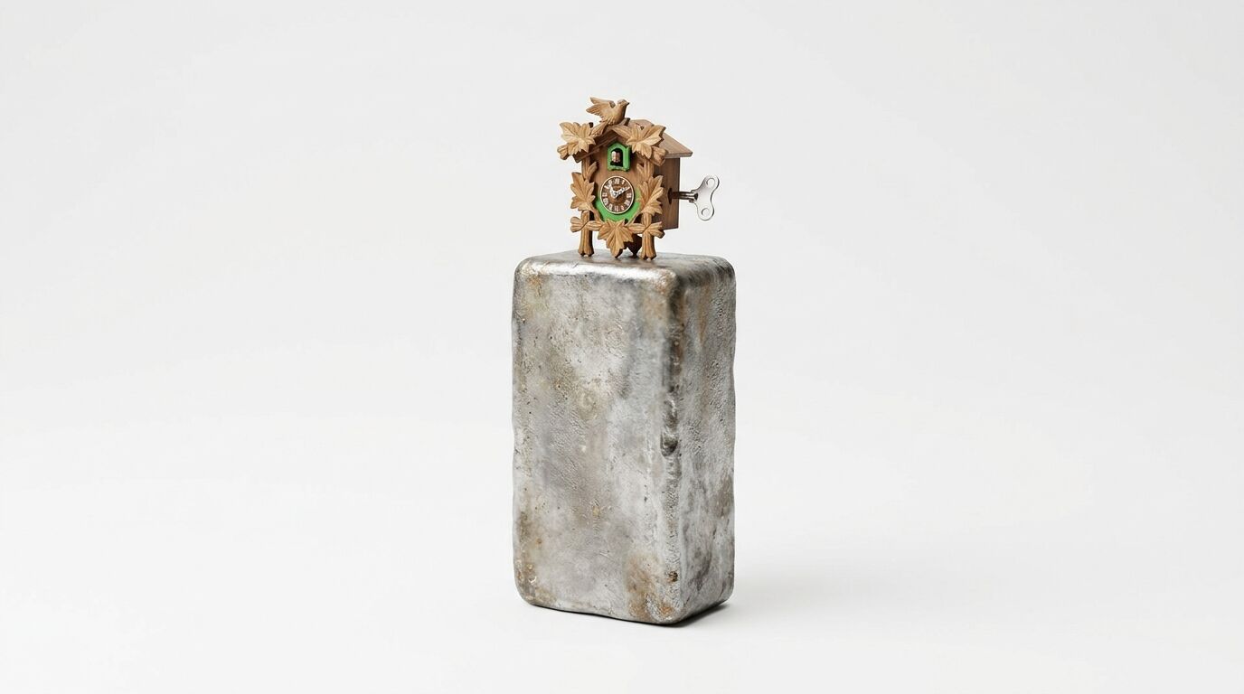 Miniatur-Kuckucksuhr auf Metallblock vor weißem Hintergrund