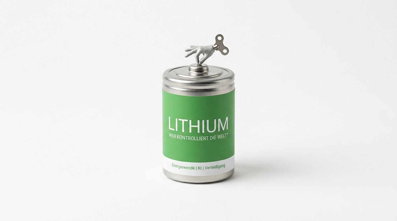Silberne Dose mit grünem „LITHIUM“-Etikett, oben eine kleine Hand mit Aufziehschlüssel