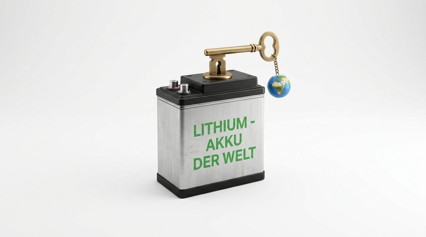 Lithium-Akku mit Schlüssel und Globus-Schlüsselanhänger auf weißem Hintergrund