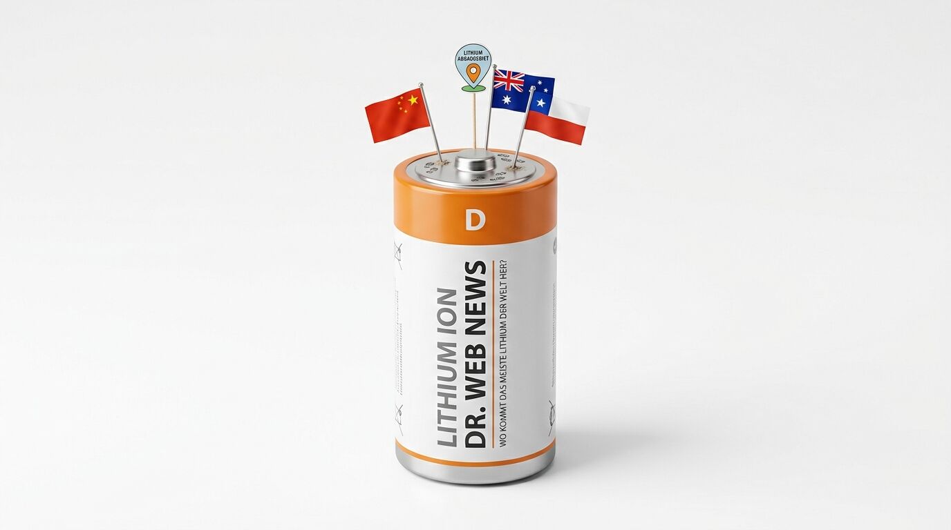 Batterie mit Flaggen von China, Australien und Chile sowie Lithium-Abbaugebiet-Symbol