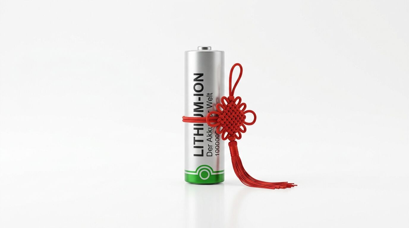 Lithium-Ionen-Akku mit traditionellem rotem Knotenschmuck auf weißem Hintergrund