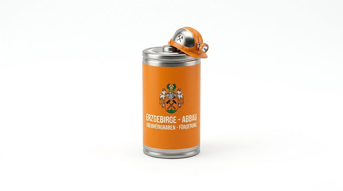 Orange Batterie mit Bergbau-Logo und -Helm