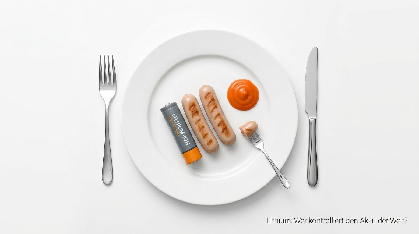 Teller mit Lithium-Ionen-Batterie, zwei Würstchen, Ketchup und kleinem Besteck