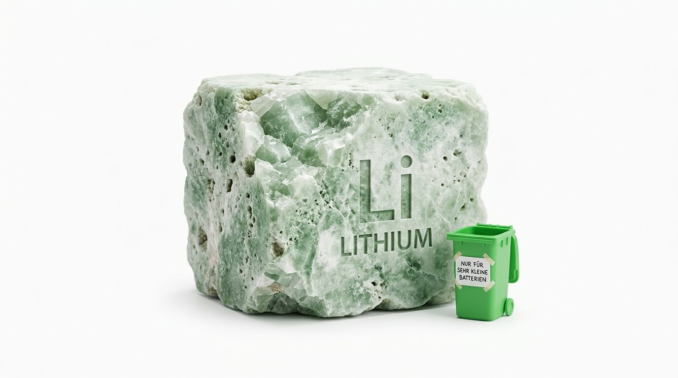 Grüner Mineralblock mit Aufschrift Lithium und Li, daneben kleine Mülltonne auf weißem Grund