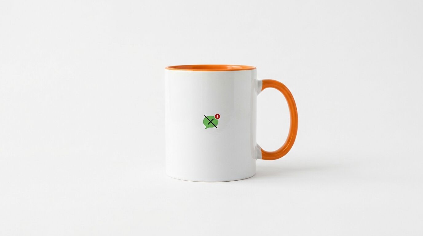 Tasse mit orangefarbenem Griff und Innenleben, bedruckt mit einem durchgestrichenen Sprechblasensymbol