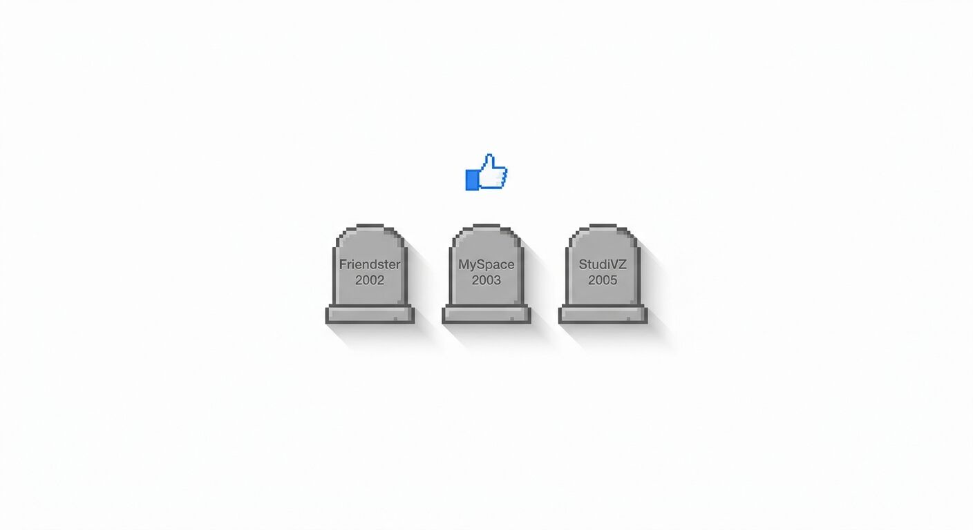 Drei Pixel-Grabsteine für Friendster, MySpace, StudiVZ unter einem Facebook-