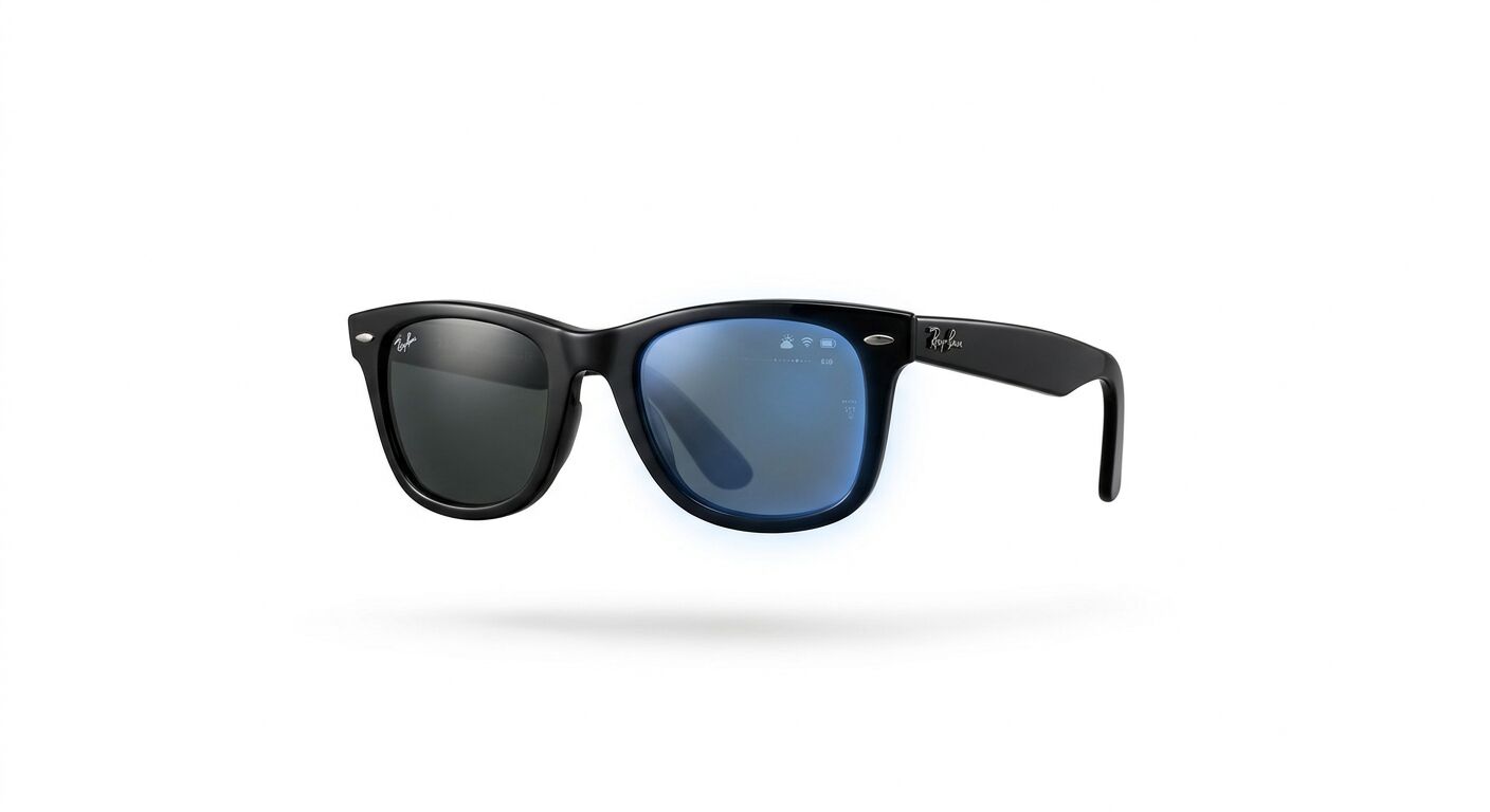 Schwarze Sonnenbrille mit blau leuchtendem, digitalem Display-Effekt im rechten Glas