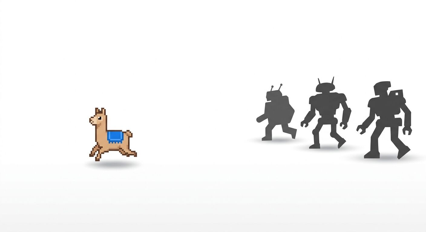 Ein verpixeltes Lama läuft vor drei grauen Roboter-Silhouetten her