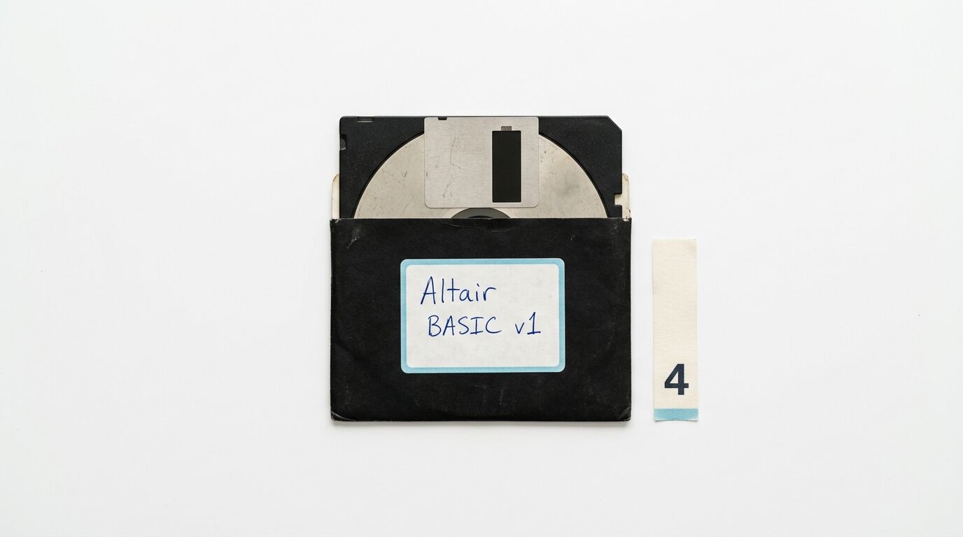 Einseitige Aufnahme einer 8-Zoll-Floppy mit Hülle und Beschriftung auf Weiß