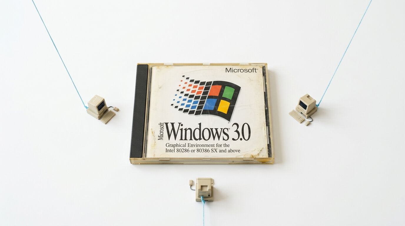 Eine Windows 3.0 CD Hülle, umgeben von drei Miniaturcomputern, die an blauen Fäden hängen