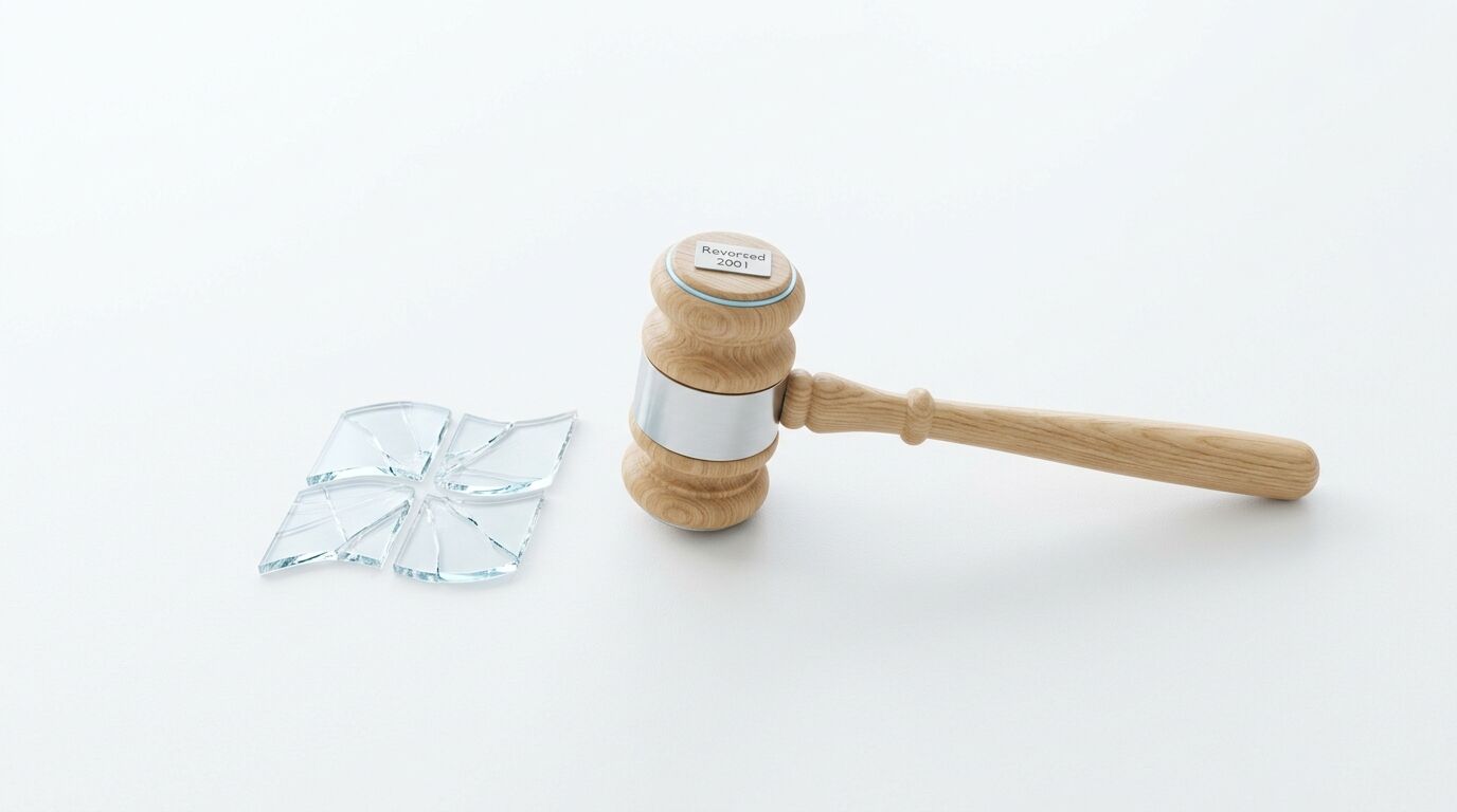Richterhammer mit Textplakette und zerbrochene Glasscheibe auf weißem Grund