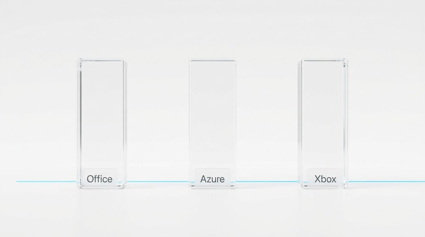 Drei Glasblöcke mit den Aufschriften Office, Azure, Xbox stehen auf einer Linie