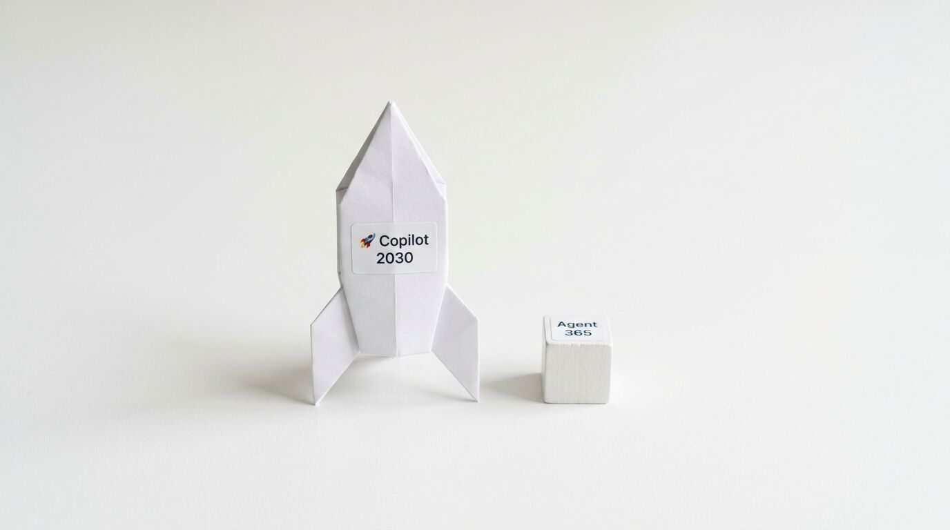 Eine Origami-Papierrakete mit einem Etikett, auf dem „Copilot 2030“ und ein kleines Raketensymbol stehen, befindet sich links von einem weißen Holzwürfel mit einem Etikett, auf dem „Agent 365“ steht, auf einer weißen, ebenen Fläche vor einem weißen Hintergrund
