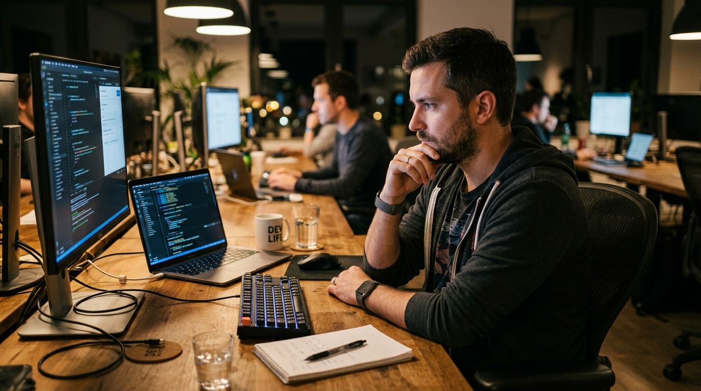Männer arbeiten nachts in einem modernen Großraumbüro an Computern mit Programmiercode