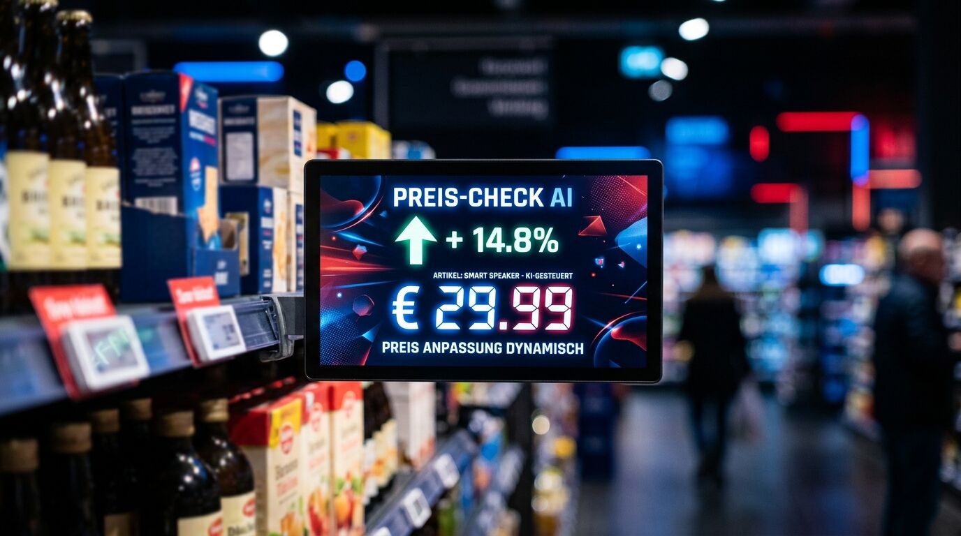 Digitales Preisschild im Supermarkt zeigt „Preis-Check AI“ und 29,99 € mit Preissteigerung an
