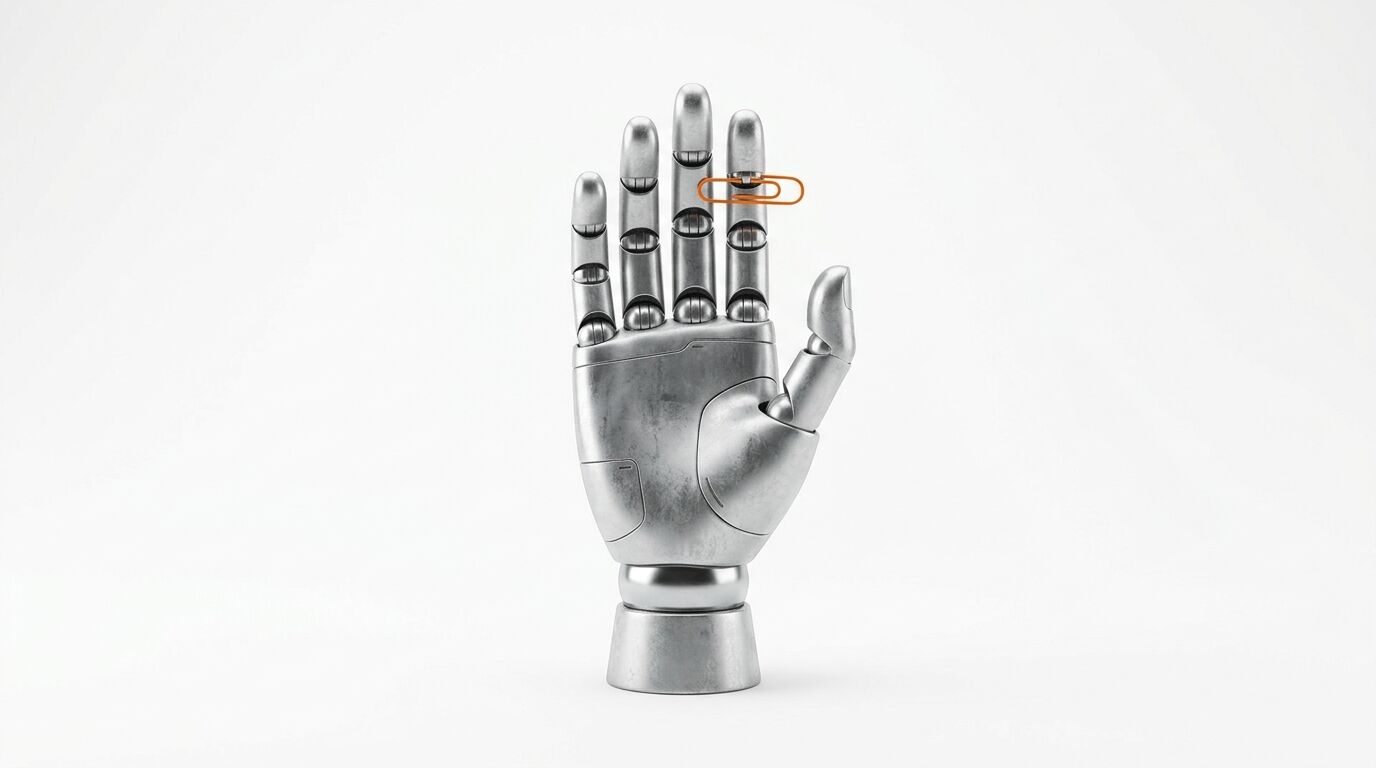 Silberne Roboterhand auf weißem Grund mit orangefarbener Büroklammer am Zeigefinger
