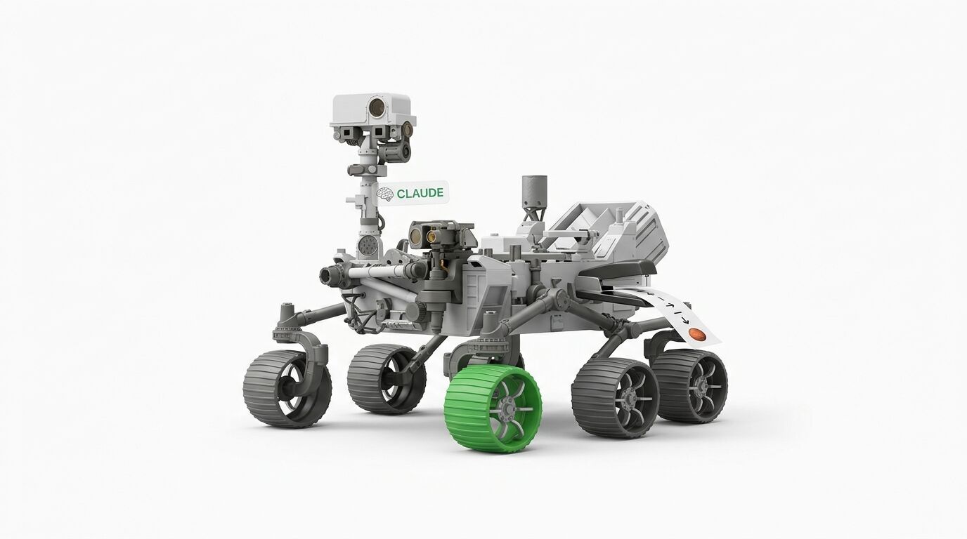 Ein Mars-Rover-Modell auf Weiß mit einem grünen Rad und dem Namensschild „CLAUDE“