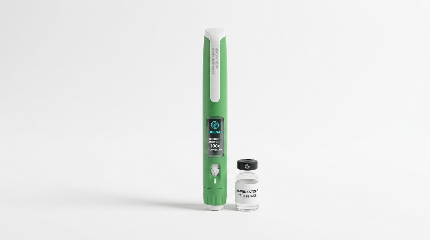 Injektor-Stift mit Display und Medikamentenfläschchen auf weißem Grund