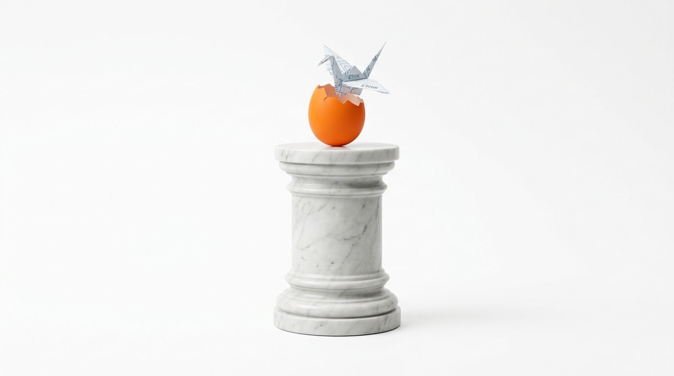 Ein Origami-Kranich mit der Aufschrift ETHIK steigt aus einem Ei auf einem Marmorsockel empor